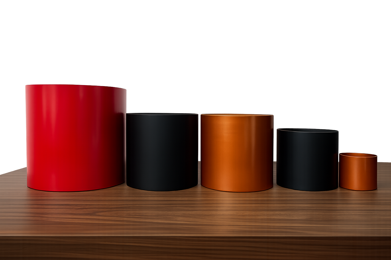 Amostras metálicas cilíndricas em vermelho, preto e laranja